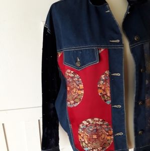 Vtg  CAROLE LITTLE SPORT Jean Jacket Coat Top Asian Detail Dark Wash NWOT  sz 14